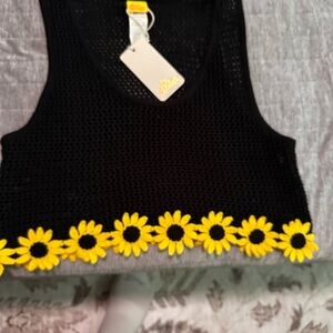 Agua Bendita Black Crochet Coverup with Yellow Sunflowers